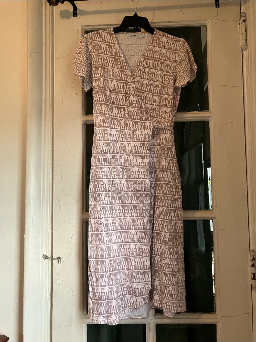 Mauve Patterned V-Neck Midi Organic Cotton Jersey Wrap Dress
